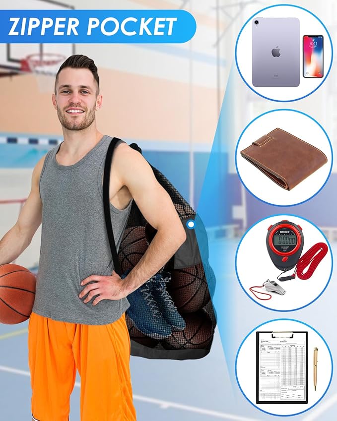 BROTOU Heavy Duty Soccer Ball Net Bag(100L Extra Large Capacity 10-12Balls), Drawstring Mesh Ball Bag with Zipper Pocket, Sports Equipment Storage Organizer Hold for Gym, Beach, Cloth, Swimming Gears