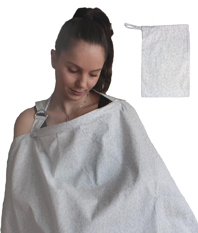 Nursing Cover Apron for Breastfeeding Privacy Soft with Rigid Neckline Adjustable Strap Cotton with Travel Bag in Grey Swirls