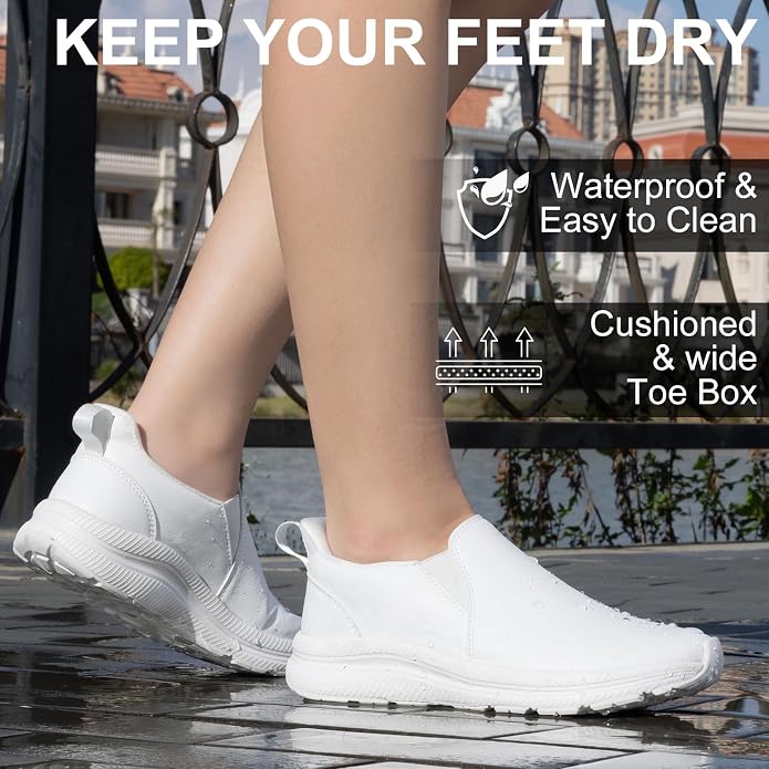 ZOVE Wide Toe Box Shoes Women Wide Width Waterproof Leather Hands Free Nursing Sneakers Ultra Light Extra Wide Walking Sneakers Non-Slip Chef Diabetes Nurse Work Shoes