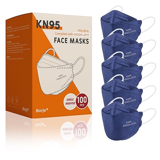 Borje KN95 Face Masks, 100 Pcs Disposable Face Masks, Navy Blue Mask Against PM2.5 from Fire Smoke & Dust Filter Efficiency 95%