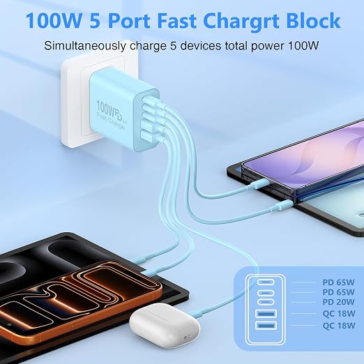 QZIIW USB C Wall Fast Charger Block, 100W 5-Port Type C Fast Charging Block 3 Pack-PD Power Charger Adapter QC 3.0 USB Multiport Charger Brick for iPhone 17 16, Samsung Series MacBook/Air, iPad, etc.