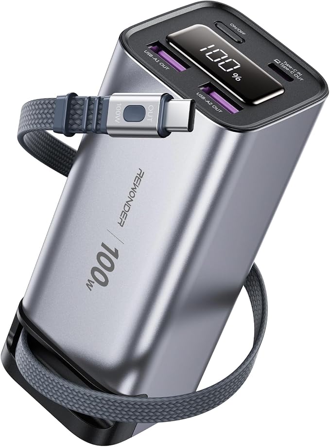 REWONDER 100W Power Bank Fast Charging 20000mAh with Built-in Retractable USB-C Cable, Portable Charger for MacBook Laptop, iPhone 17/16 Series, Samsung, TSA Approved for Air Travel