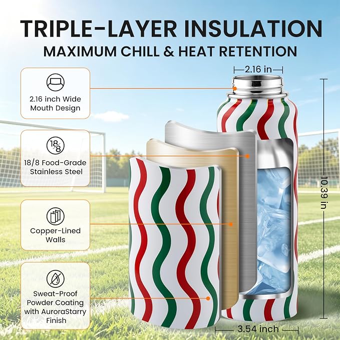 RAYMYLO 2026 Soccer Biggest Event Edition Insulated Water Bottle 40 oz, Nation Flag Design, Best Souvenir & Gift for World Soccer Lover, Vacuum Stainless Steel (Cold for 36Hrs), Leak Proof & Non-BPA