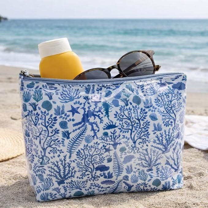Jacaranda Living Large Cosmetic Bag – Water-Resistant Makeup & Toiletry Bag with PVC-Lined Interior, Travel Beauty Organizer, Blue Seashells