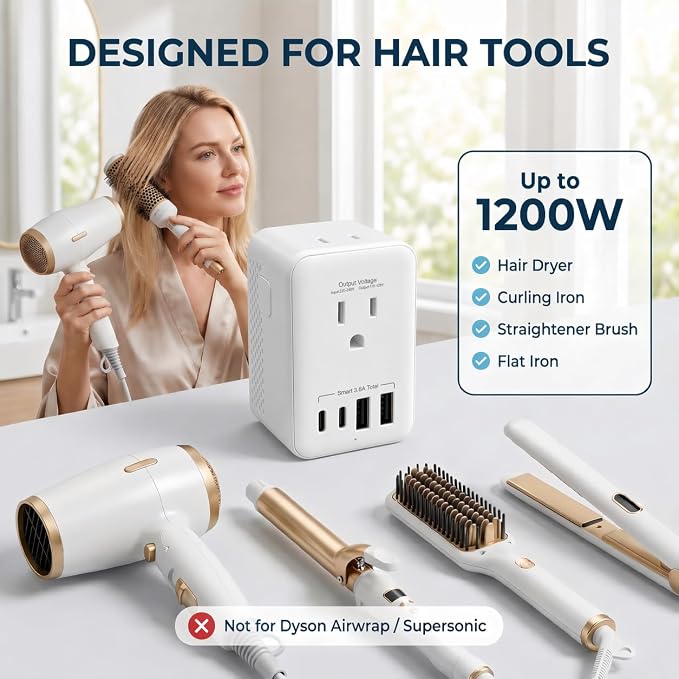 1200W Travel Voltage Converter 220V to 110V US to Europe, International Universal Travel Plug Adapter Kit with USB-C & USB-A for Hair Tools and US Devices (EU/UK/AU)
