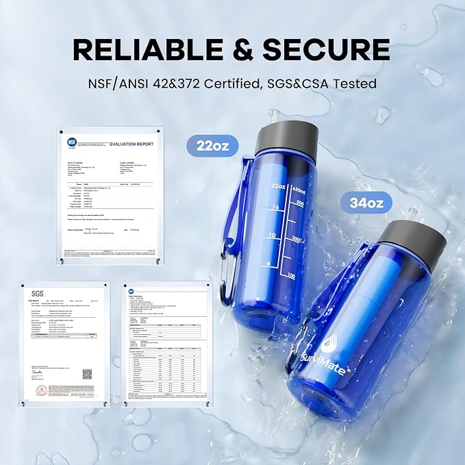 SurviMate 5-Stage 0.01μm Ultra-Filtration Filtered Water Bottle, BPA-Free Material, NSF/ANSI 42 Certified, Portable Water Filter Bottle for Survival, Camping, Hiking, and Emergency Use