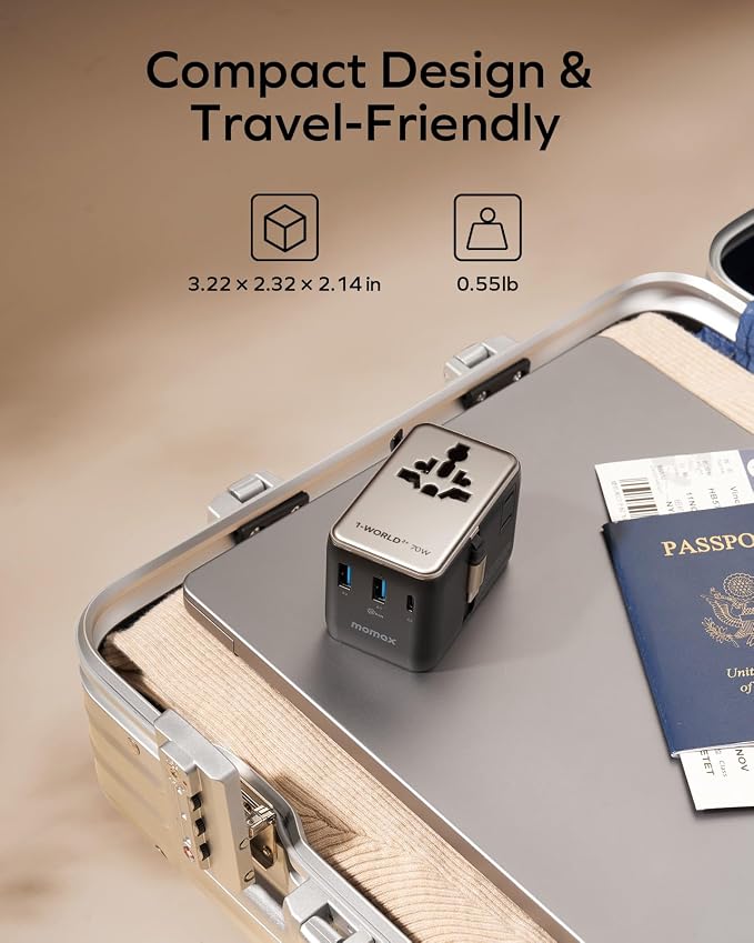 MOMAX 70W Universal Travel Adapter, 6-in-1 International Power Adapter with USB-C Retractable Cable, Dual-AC Plug Adapter PD Fast Charging Worldwide Wall Charger for US/UK/EU and Over 200 Countries