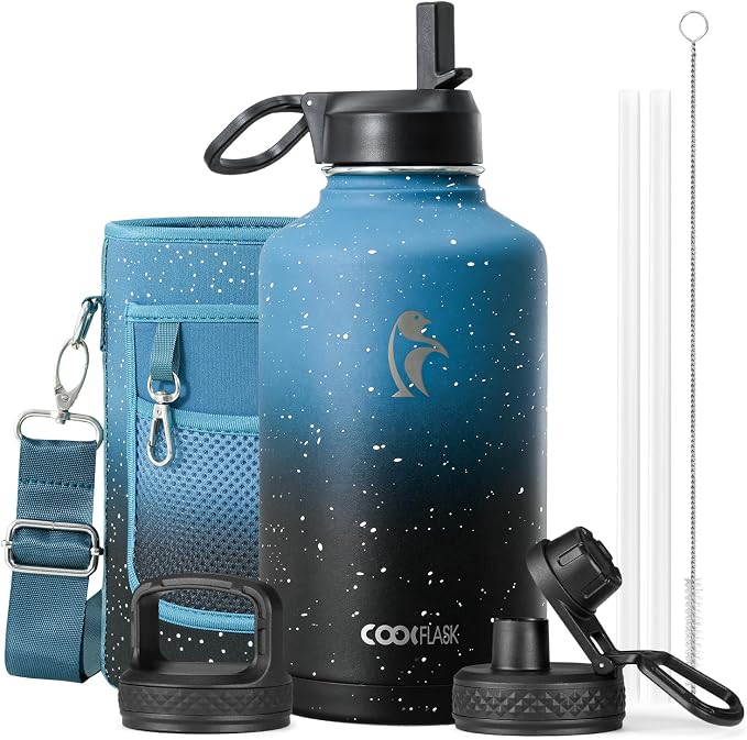 Coolflask 64 oz Water Bottle Insulated with Straw&3 Lids, Half Gallon Water Jug Galaxy Large Metal Stainless Steel Vacuum Flask for Gym, Sports and Travel, Keep Cold 48H Hot 24H,Turquoise