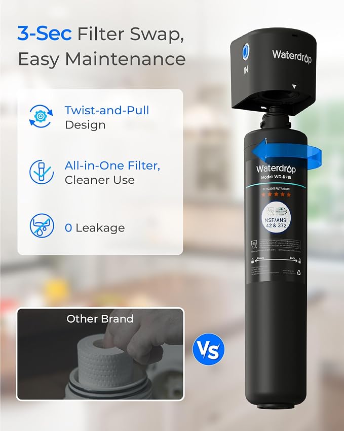 Waterdrop RF15 Water Filter Replacement for Waterdrop 15UA/15UB/15UC Under Sink Water Filter, Reduces PFOA/PFOS, PFAS, Lead, Chlorine, Bad Taste & Odor, NSF/ANSI 42 Certified, 2 Years