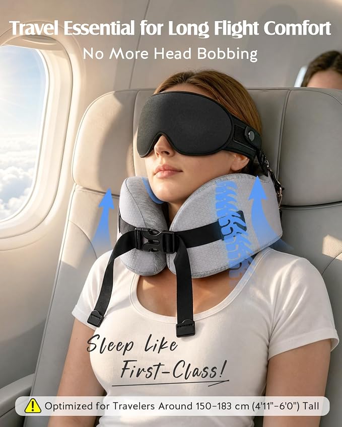 YFONG Travel Pillow for Long Flights, Patented 360° Ergonomic Sleeper Hold Head Support System with Memory Foam Neck Pillow & 3D Sleep Mask, Prevent Head Bobbing for Airplane & Road Trip, Grey