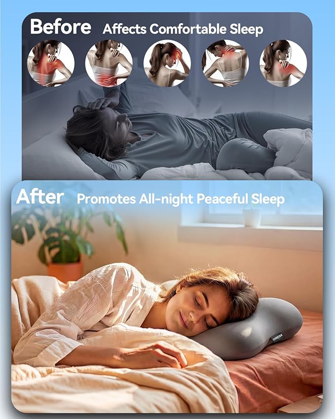 Cervical Pillow for Neck Pain Relief, Ergonomic Contour Memory Foam Pillow for Side Back Stomach Sleepers, Deep Sleep Pillow for Cloud-Soft Shoulder Support with Cooling Pillowcase, Grey