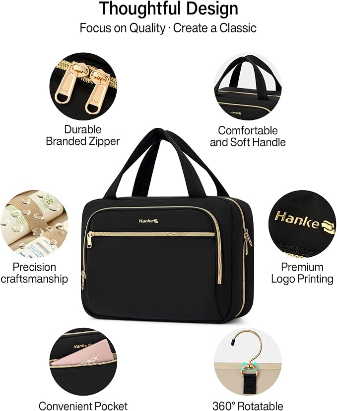 Hanke Hanging Travel Toiletry Bag for Women, Water-Resistant Makeup Organizer with Hook, Cosmetic Bag for Bathroom & Travel Essentials Accessories, Black