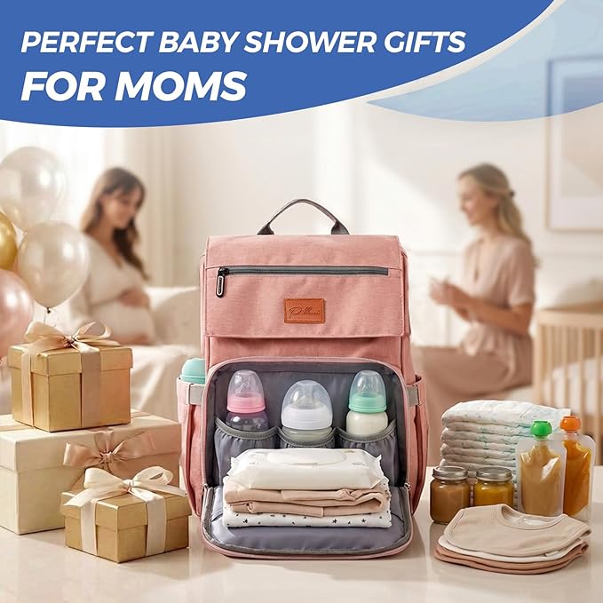 PILLANI Baby Diaper Bag Backpack - Diaper Bags for Baby Girl - Baby Shower Gifts for Girls - Large Waterproof Diaper Backpack - Pink Diaper Bag & Cute Baby Bags for Girls w/Portable Changing Pad, Pink
