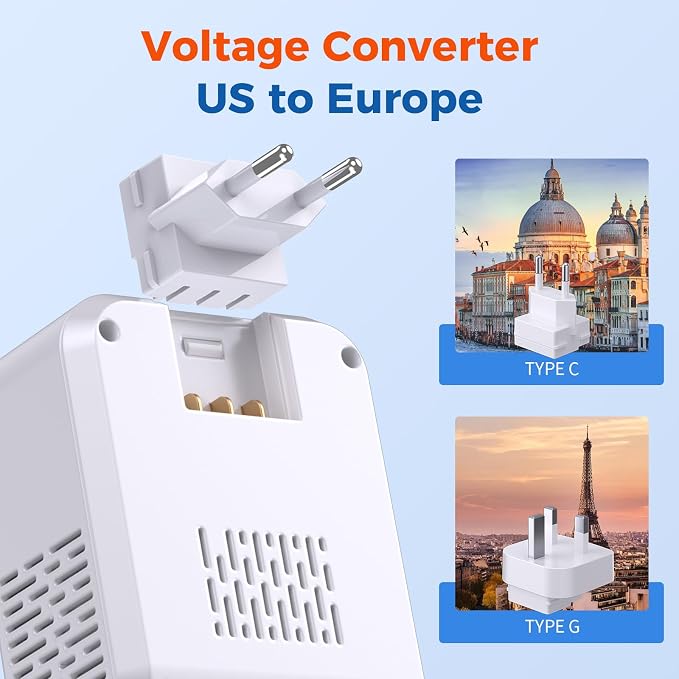 2000W Voltage Converter US to Europe for Hair Dryers, 7-in-1 220V to 110V Converter for European Travel with 3 AC/2 USBA/2 USBC Ports (PD20W), Universal Travel Adapter with Type C G Plug (White)
