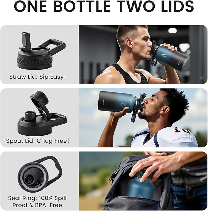 RAYMYLO Insulated Water Bottle 64 oz, Triple Wall Vacuum Stainless Steel (Cold for 48 Hrs), Leak Proof & Non-BPA, Half Gallon Water Flask Jug with Paracord Handle & Straw Spout Lids