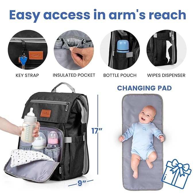 PILLANI Baby Diaper Bag Backpack - Baby Bag for Girls & Boys, Large Waterproof Toddler Diaper Backpack - Baby Shower Gifts & Registry Must Haves - Travel Diaper Bags with Changing Pad - Newborn Stuff