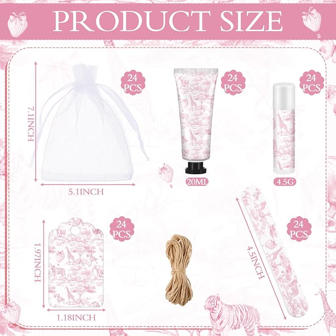 Leelosp 24 Sets Pink Toile De Jouy Baby Shower Favor Gifts Bulk - Vintage French Floral Hand Cream & Lip Balm with Nail File Travel Size Favors for Bridal Baby Shower Birthday Baptism Party Guests