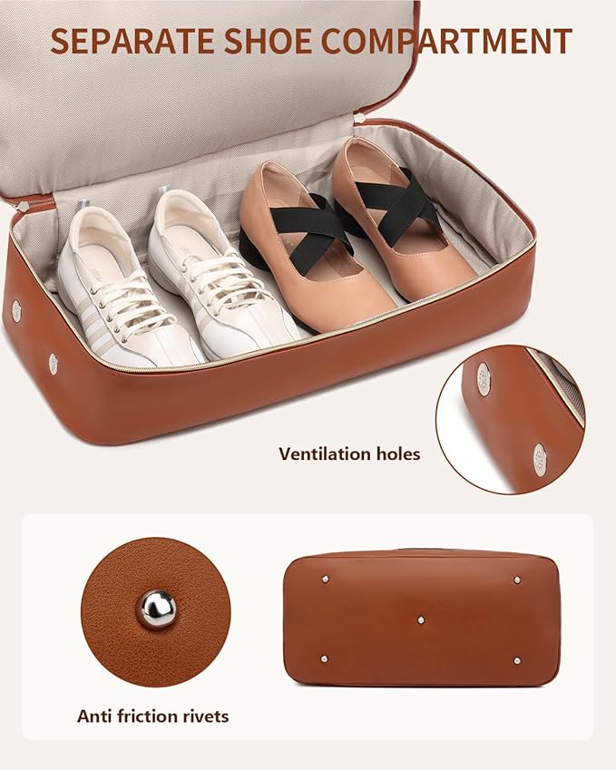 Large Weekender Bags for Women Travel, Under Seat Carry On Bags for Airplanes Overnight Bag with Shoe Compartment Luggage Sleeve, Foldie Travel Tote Bag Hospital Bag, Travel Gifts, Black Brown