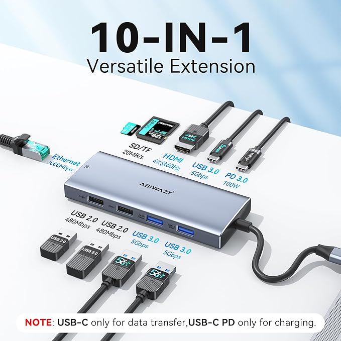 USB C Hub Multiport Adapter, 10-in-1 USB C to HDMI Ethernet Hub with 4K HDMI, 100W PD, Gigabit Ethernet, USB-C Data Port, 2×USB 3.0, 2×USB 2.0, SD/TF Card Reader for MacBook/Dell/HP/Windows Laptops