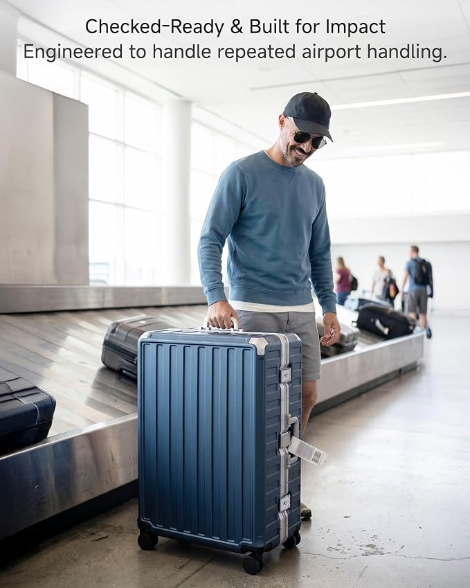 Luggage Sets with Spinner Wheels, 8010S Aluminum Frame Zipperless Polycarbonate Hard Shell Suitcase Sets (ZX-Core, Blue, 2 Piece (20/28))