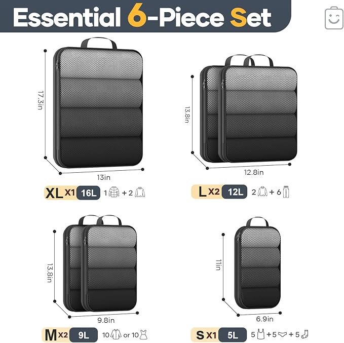 Veken 6/9/11 Set Compression Packing Cubes for Travel Essentials,Compressible Expandable Large Luggage Suitcase Organizer Bags for Clothing,Durable Space Saver Storage Bags(Black)