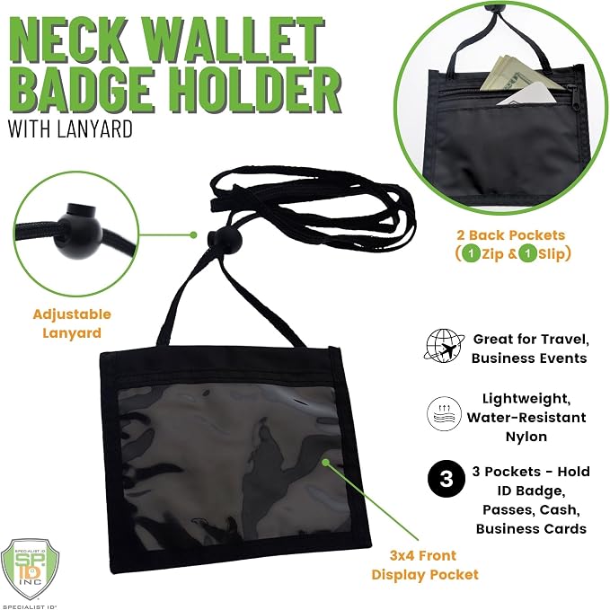 5 Pack - Nylon Neck Wallet Badge Holder with Lanyard - 4 X 3 Credential & Travel Badge Holder with 3 Pockets - Clear Plastic 4X3 Horizontal Window, Zipper Pouch + by Specialist ID