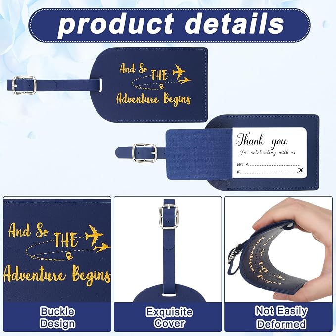 Sweetude 48 Sets Bulk Luggage Tags Wedding Favors and So The Adventure Begins Leather Luggage Tags for Suitcases with Name Card for Travel Themed Bridal Shower Graduation Party Favor(Blue)