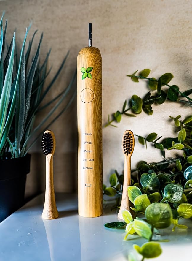 Rechargeable Bamboo Electric Tooth Brush, Brush with 3 Replacement Heads and Storage Case, Portable Oral Care, Durable Electric Design with Travel-Friendly Protective Holder