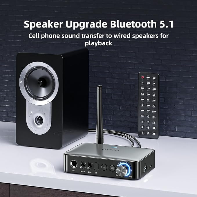 5.1 Bluetooth Audio Receiver Transmitter for Stereo/Speaker/Wired Speaker/Home Music Streaming Stereo Audio Adapter, Supports 3.5mm AUX, RCA, Coaxial, 6.5mm Microphone, USB, TF Card Playback