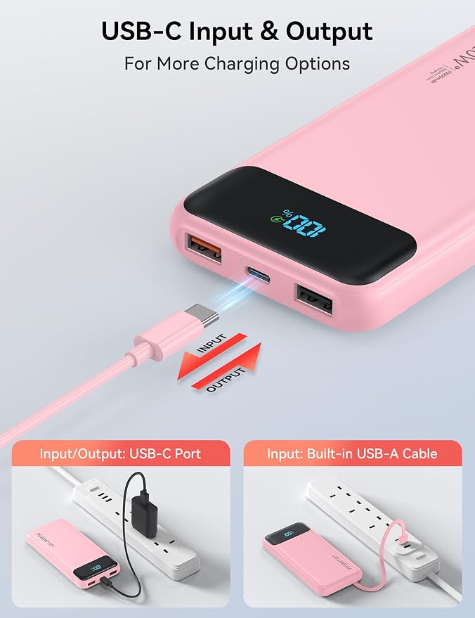 Nusyddy Portable Charger 10000mAh PD20W w/4 Built-in Cables/6 Outputs Pink | PD20W Fast Charging, LED Display, Pass Through Charging, Charge 6 Devices at once, TSA Approved, Fits iPhone, iPad, Samsung