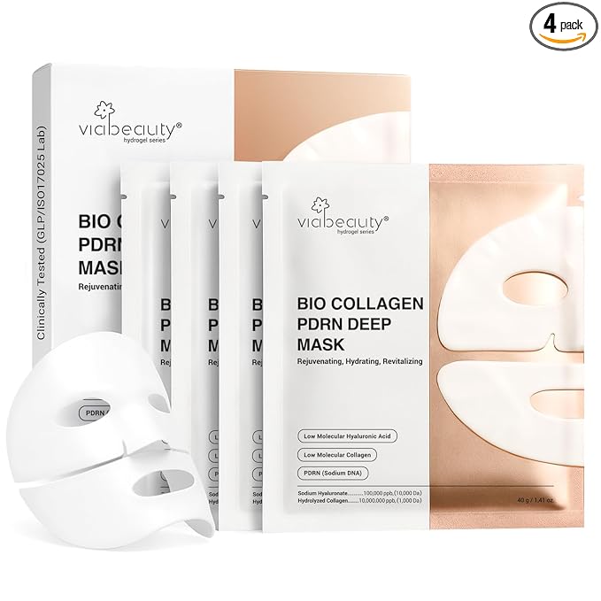 VIABEAUTY Bio Collagen Face Mask with PDRN and Hyaluronic Acid - Hydrogel Collagen Mask Overnight - Deep Hydrating, Glass Skin, Firming & Rejuvenating Skincare| 1.41oz(40g) x 4ea