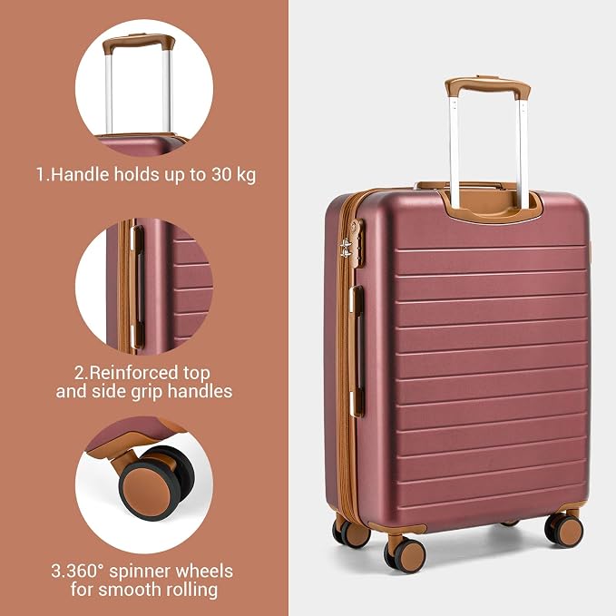 Kono 28 Inch Large Suitcase, Expandable for Long Trips, Impact-Resistant ABS+PC & Silent Wheels, Burgundy