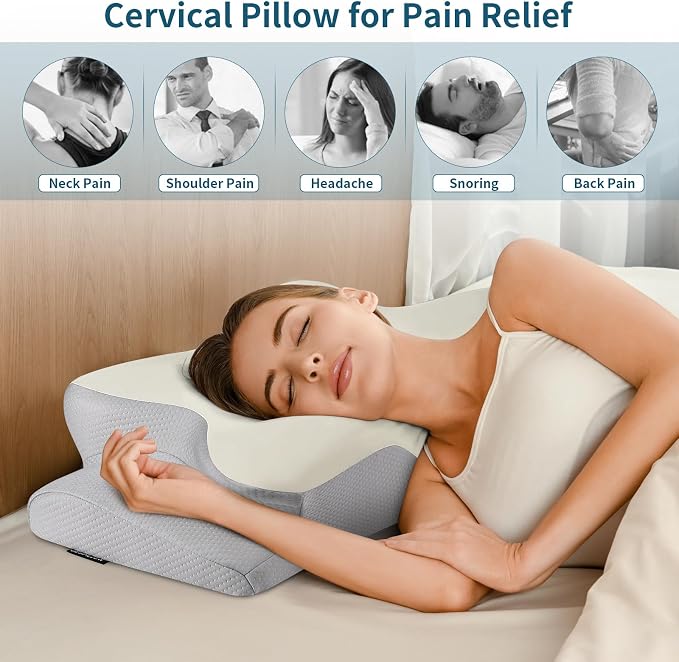 Cervical Neck Pillow for Pain Relief, Ergonomic Memory Foam Support Pillow (Grey)