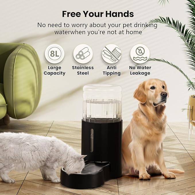 CZPET Dog Water Bowl Dispenser 8L, Wider Mouth & Upgraded Brush for Easy Cleaning Automatic Cat Gravity Refilling Waterer with Removable Stainless Steel Bowl, Large Drinking Area for Multi-Pet (Black)