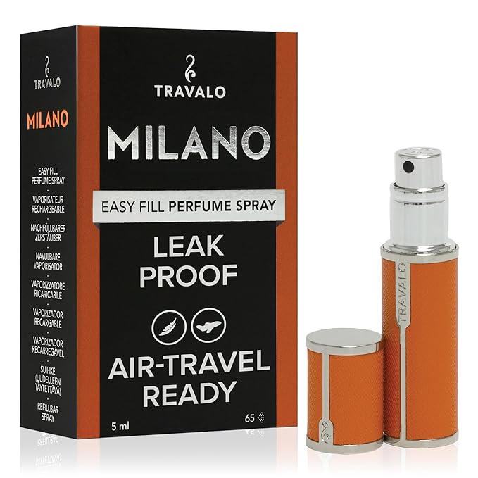 Travalo Milano Perfume Atomizer - Leak-Proof and TSA Approved for Air Travel - Reusable, Airtight, Easy Fill Mini Pump Sprayer - Lightweight, Vegan Leather with Polished Metal Outer Shell - Orange