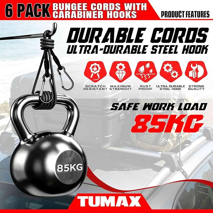 Bungee Cords with Carabiner Hooks, 6 Pack Heavy Duty Long Carabiner Rubber Bungee Cord Assorted Size 24" 40" 60", for Camping, Tarps, Bike Rack, Car, Included A Drawstring Bag