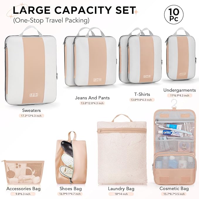 10 Set Compression Packing Cubes for Travel Essentials,Compressible Expandable Packing Cubes for Suitcase,OlarHike Luggage Garment Bags for Travel,Handy Helper for Organizing Clothes(Gold)