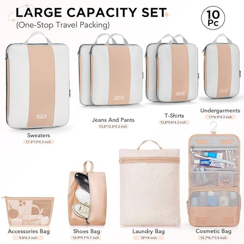 10 Set Compression Packing Cubes for Travel Essentials,Compressible Expandable Packing Cubes for Suitcase,OlarHike Luggage Garment Bags for Travel,Handy Helper for Organizing Clothes(Gold)