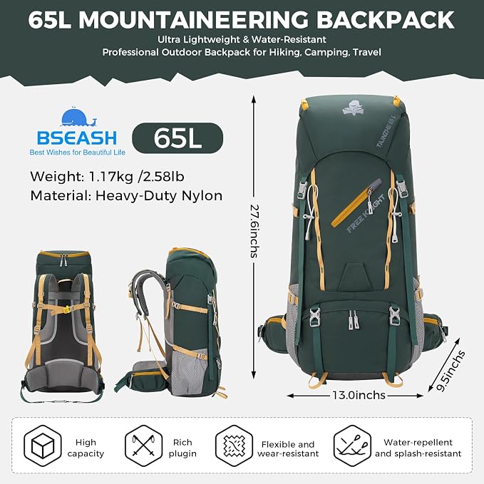 Bseash 65L Waterproof Hiking Camping Backpack with Rain Cover, Outdoor Sport Travel Daypack for Climbing Touring (Dark Green)