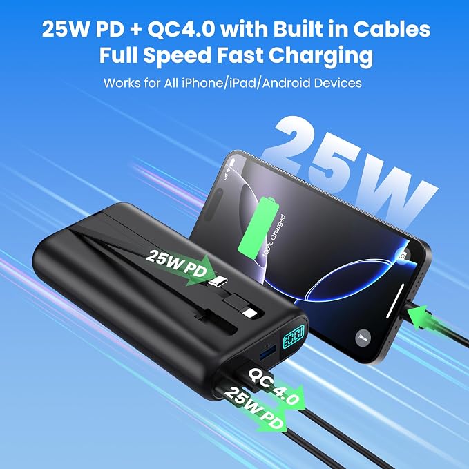 Portable Charger 40800mAh Power Bank with Built-in Cables,25W PD USB C Fast Phone Charging,5 Outputs External Battery Pack Backup,Travel Essential Outdoor for iPhone 17/16/15,Android Galaxy etc