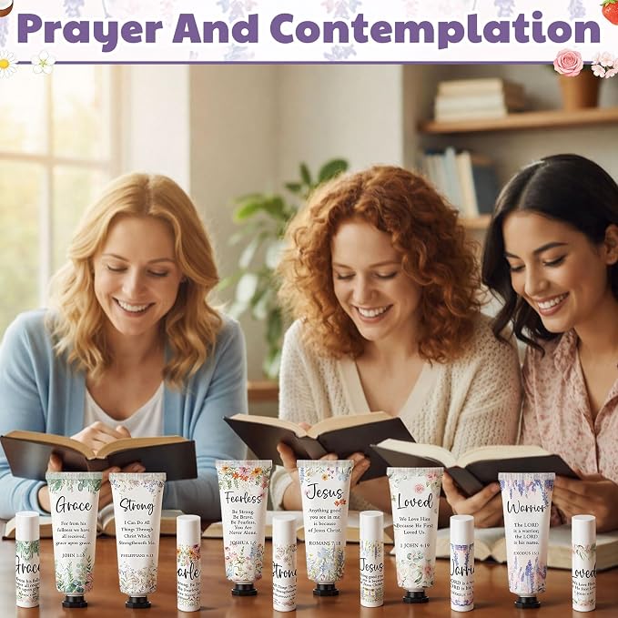 Loopeer 12 Sets Bulk Christian Hand Cream and Lip Balm Set for Women Religious Travel Size Moisturizing Lip Care Mini Religious Gifts for Women Coworker Appreciation Gift