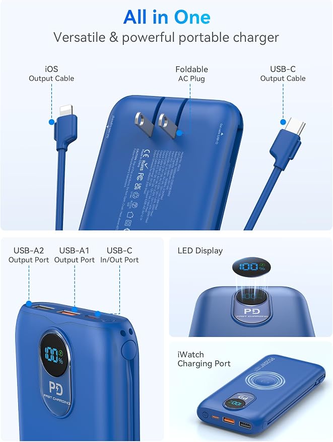 Portable Charger, 10000mAh 20W Fast Charging Power Bank with Built in Cables & AC Wall Plug & LED Display, Travel Essentials Battery Pack Powerbank for iPhone, iPad, iWatch, Samsung, Blue