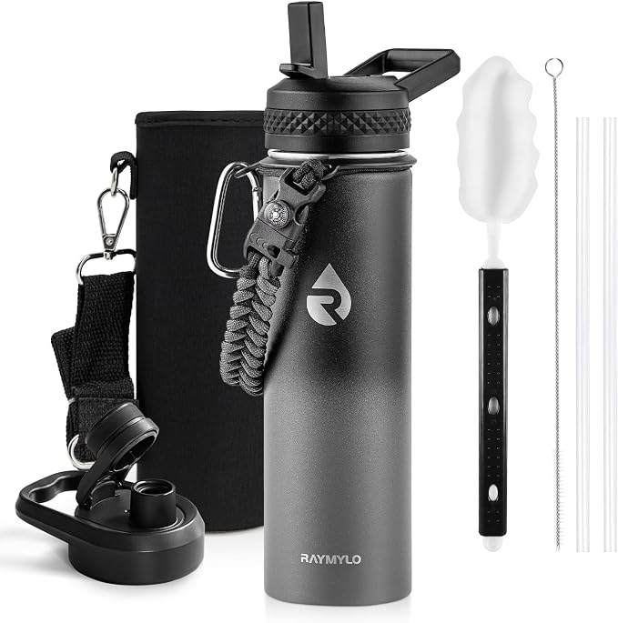 RAYMYLO Insulated Water Bottle 20 oz, Triple Wall Vacuum Stainless Steel (Cold for 24Hrs, Hot for 12Hrs), Leak Proof & Non-BPA, Modern Water Bottle Jug for School with Straw Spout Lids