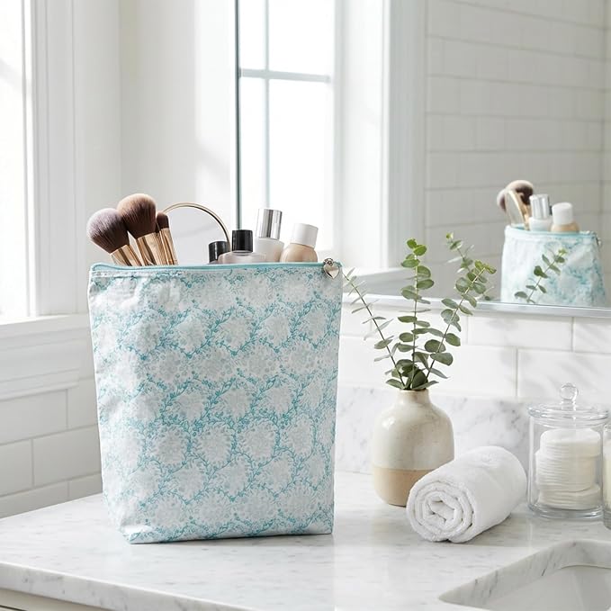 Jacaranda Living Large Cosmetic Bag - Water-Resistant, PVC-Lined - Aqua Trellis