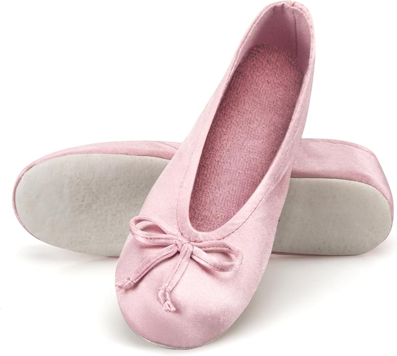 Isotoner Women's Satin Ballerina Slippers with Classic Ribbon Bow and Suede Sole