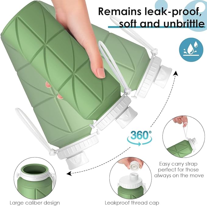 Folding Silicone Water Bottle | Collapsible Travel Water Bottle for Gym, Office, School, Cycling, Hiking & Outdoor Sports | Leak-Proof, Portable Bottle | 600 Ml (Green)