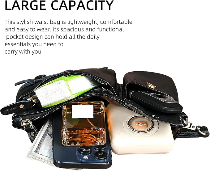 Water Resistant Canvas + Leather Hiking Riding Travel Fanny Waist Pack Small Phone Pouch For Men Women FB811-29 (100% Leather-The 8135 Black)