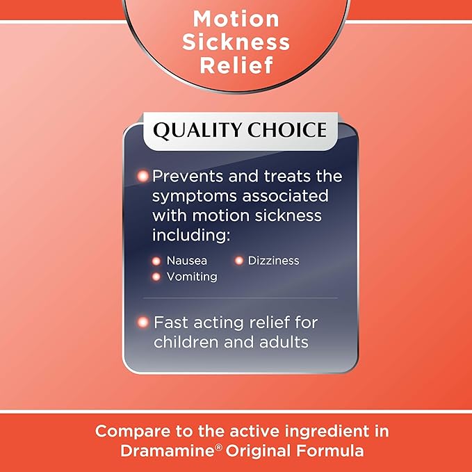 Quality Choice, Motion Sickness Relief, Prevents and Relieves Nausea, Dizziness & Vomiting, Original Formula Dimenhydrinate 50mg an Antiemetic, 12 Tablets Per Box, Car Sick, Seasickness Nausea Relief