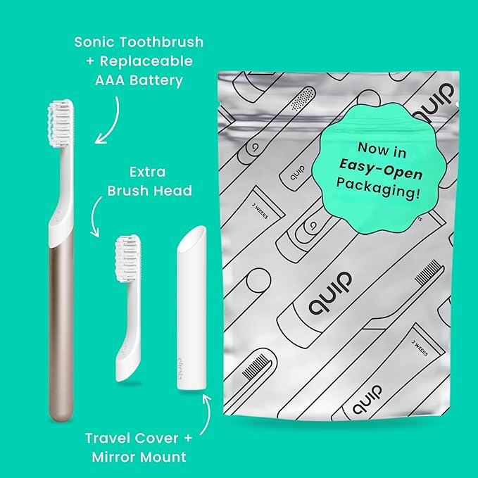 Quip Metal Sonic Electric Toothbrush for Adults - Time Travel & Soft Bristles with Travel Case & Replacement Brush Head - 3 Month Battery Life, Dawn Peach Gold