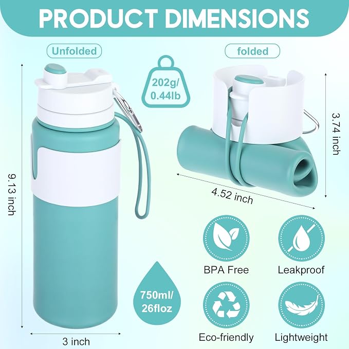 LemonRoad 2 Pcs 26 oz Silicone Collapsible Water Bottle, Portable Foldable Water Bottle Leakproof with Carabiner Reuseable Lightweight for Travel Sports Hiking Camping Cycling Office (Blue,Green)